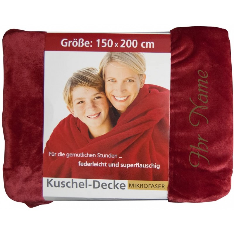Krings Fashion Kuscheldecke 150 x 200 cm - Individuell anpassbar mit Namen und Text - Farbe Rot -Stickfarbe wählbar
