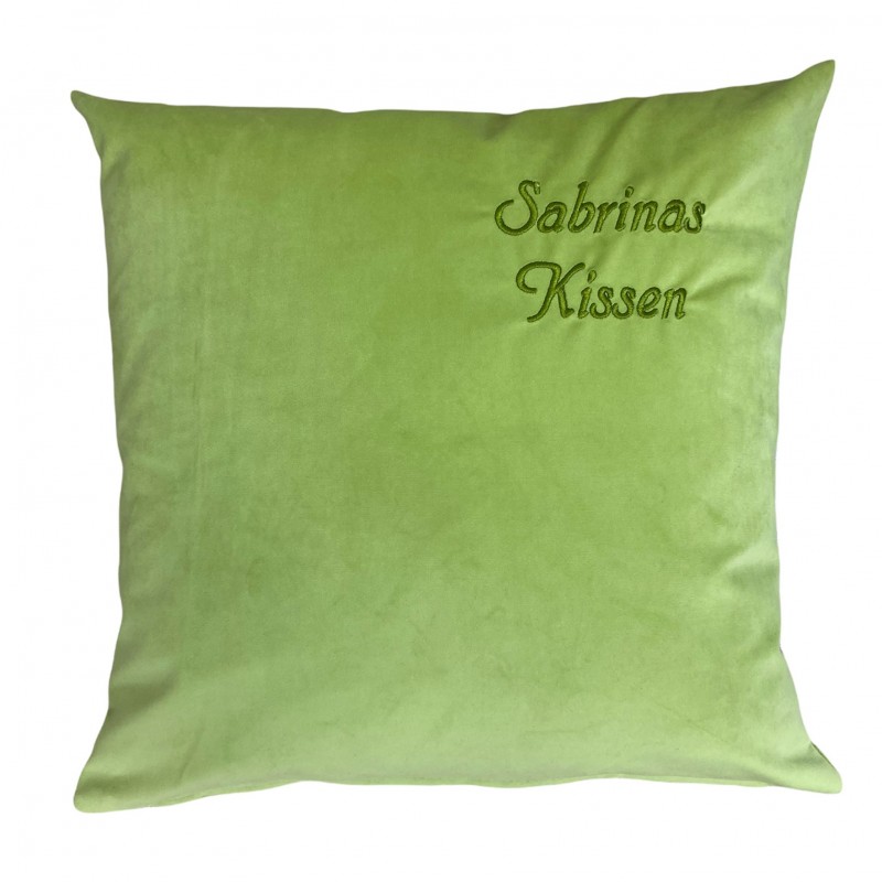 Sofakissen - grün -  Samtvelours - mit Namen individuell anpassbar - Hochwertig Bestickt - 50 x 50 cm - mit Inlett