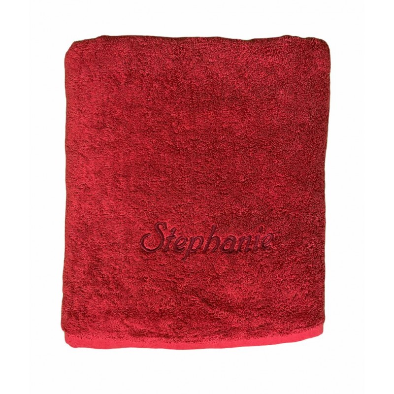 Luxus Saunatuch XXL mit Namen oder Wunschbegriff bestickt, 90cm x 220cm, Farbe rot, Stickfarbe wählbar